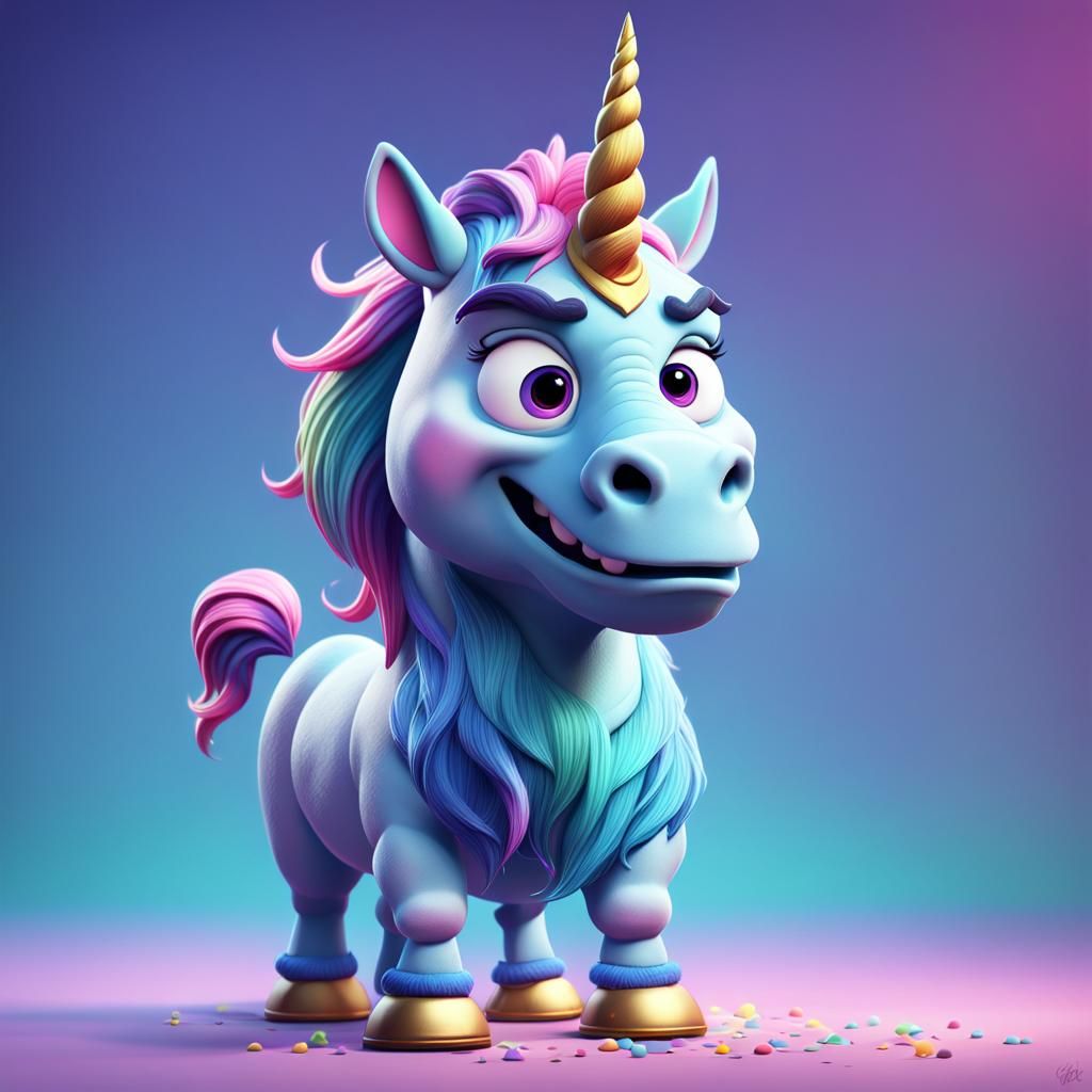 Grumpy Unicorn in Cartoonish 3D Style