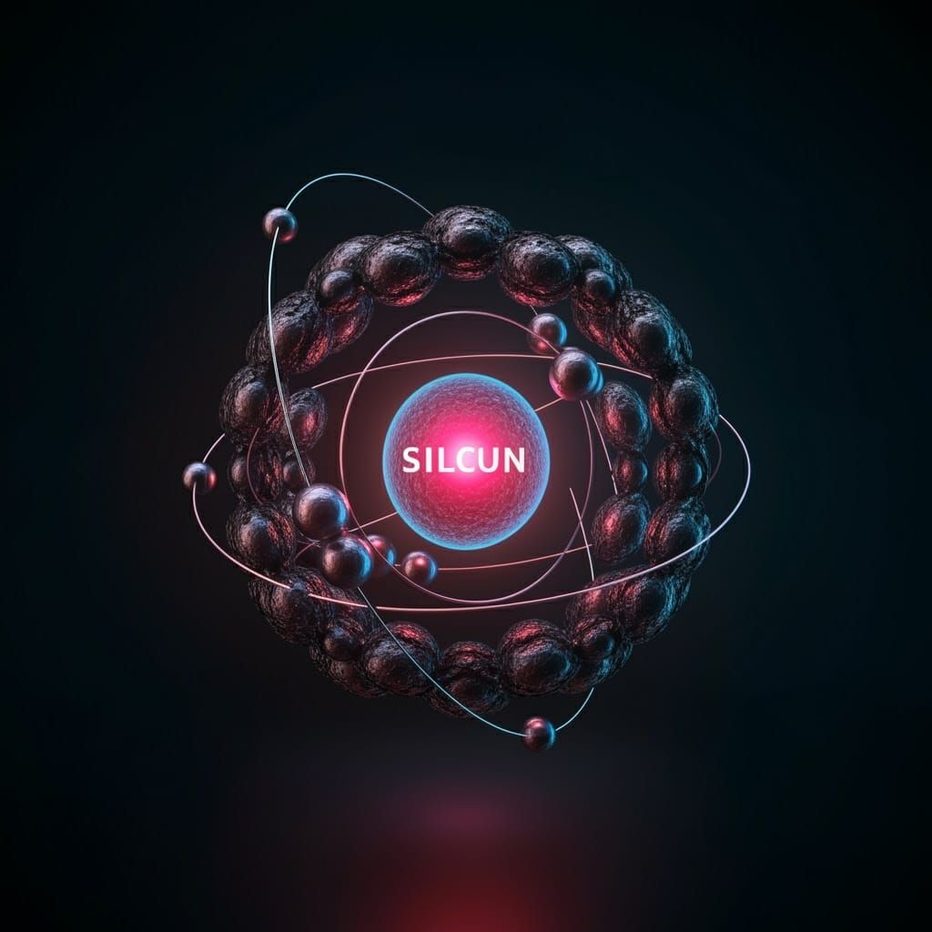 Futuristic Silicon Atom with Neon Orbitals