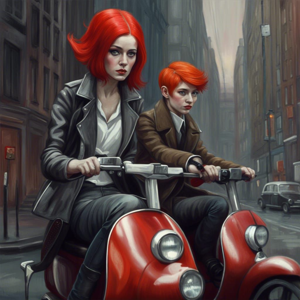 Mod Girl on Scooter in Detailed Digital Painting