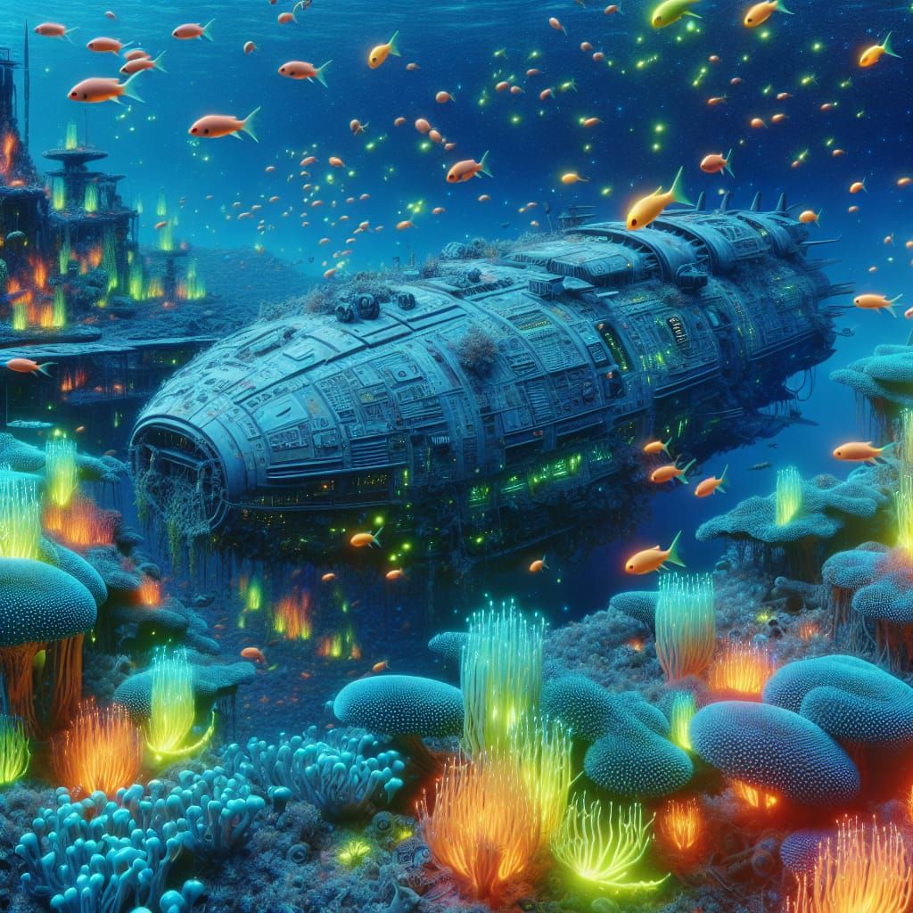 Alien Spaceship Wreck in Bioluminescent Coral Reef