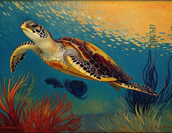 Sea Turtle in Art Nouveau Style Coral Reef