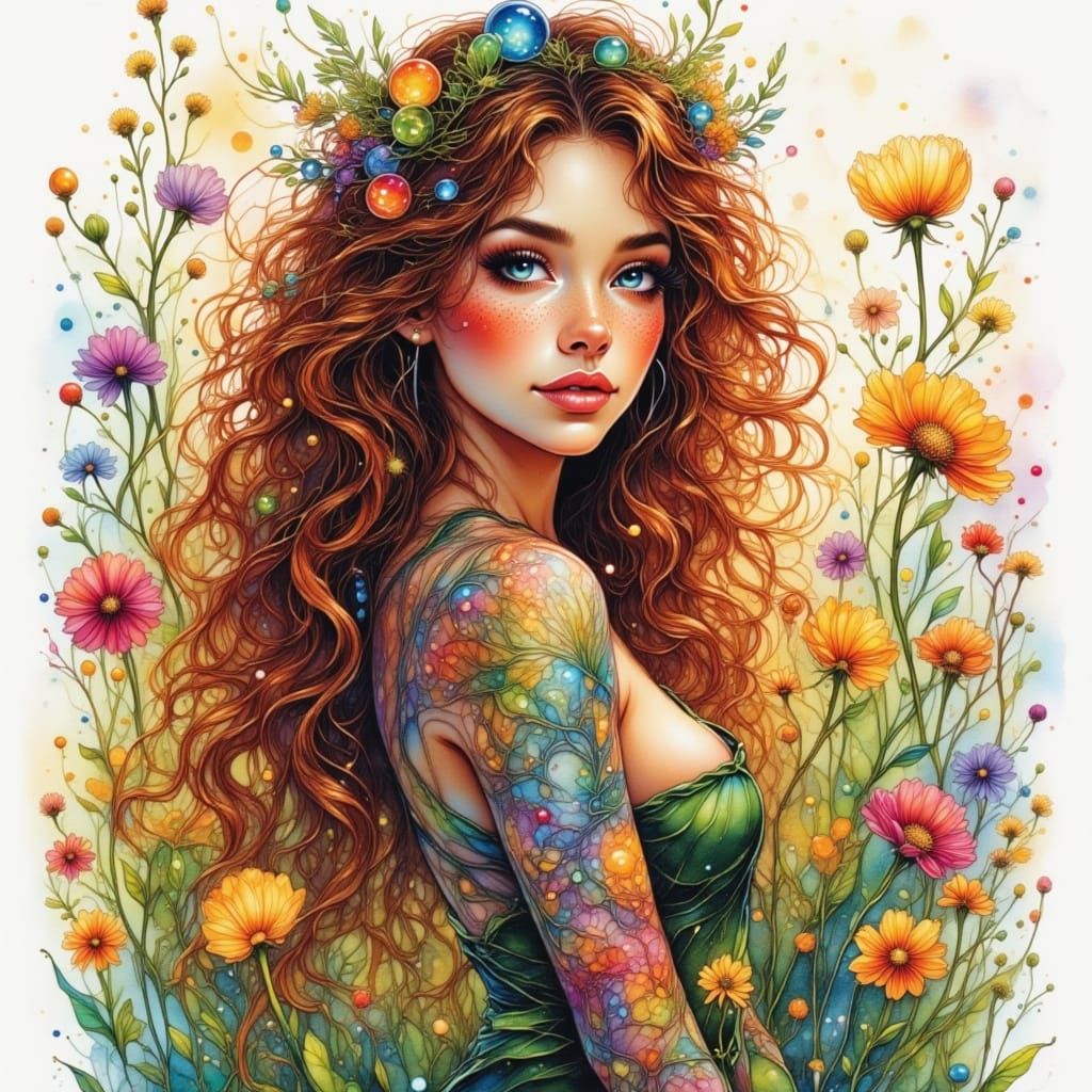Tattooed Woman in Wildflower Garden, Ink Painting