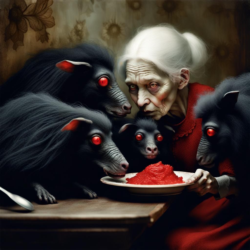 Eerie Feast: Woman and Strange Creatures