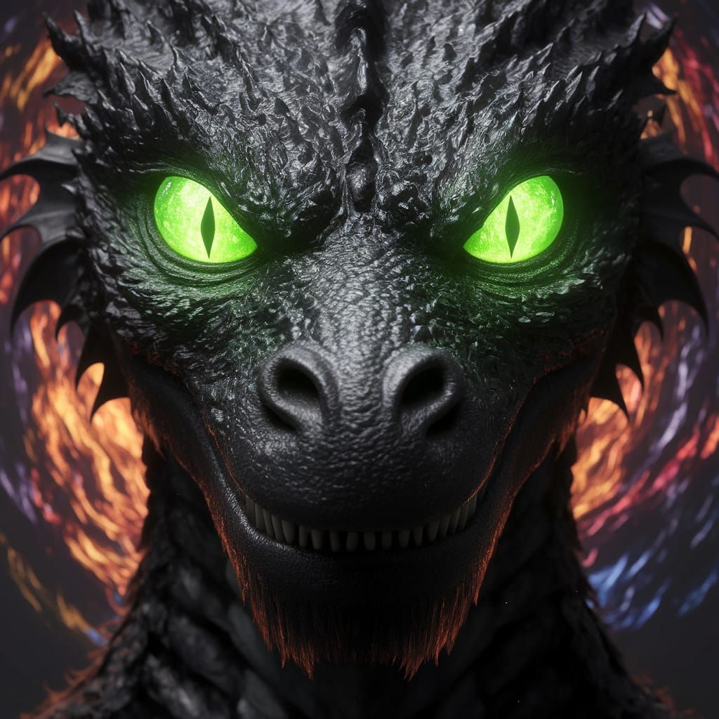Mysterious Black Dragon with Glowing Green Eyes