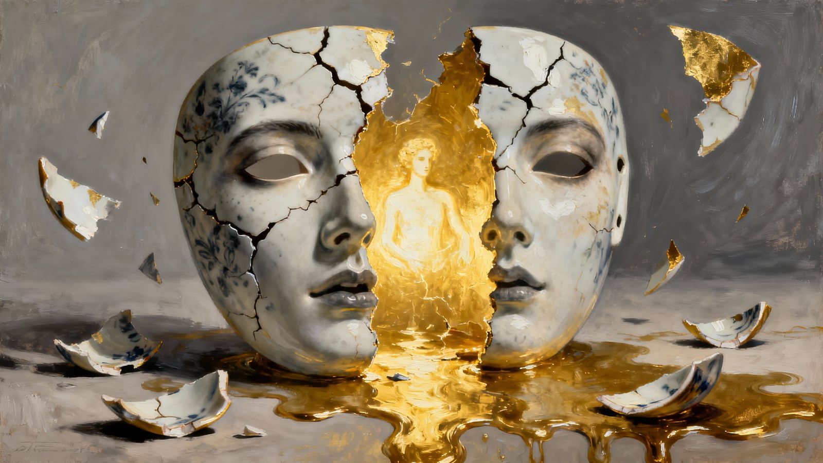 Cracked Porcelain Mask Reveals Glowing Inner Self