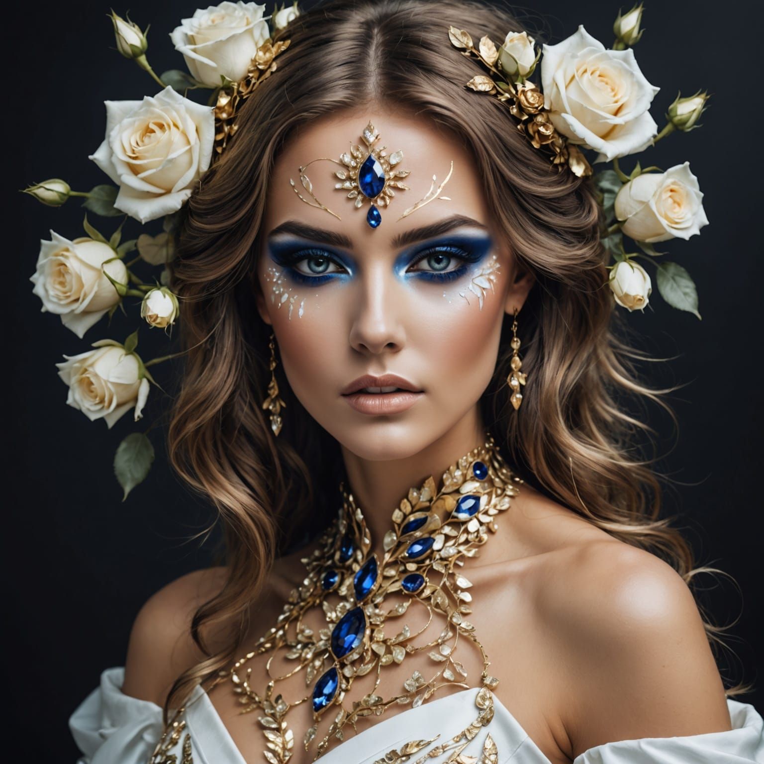 Utopic beautiful woman, with sapphire eyes, abstract makeup on her face in gold and silver, with hair From white roses w...
