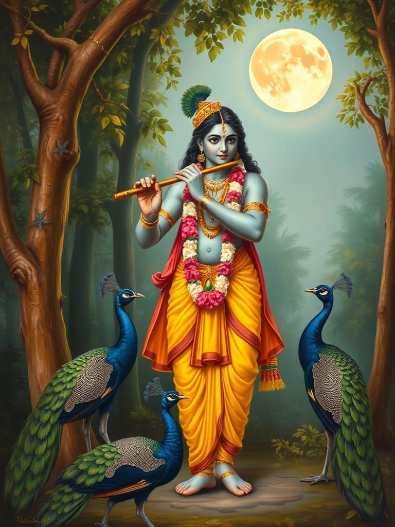 Krishna Playing Flute in Forest, Raja Ravi Varma Style