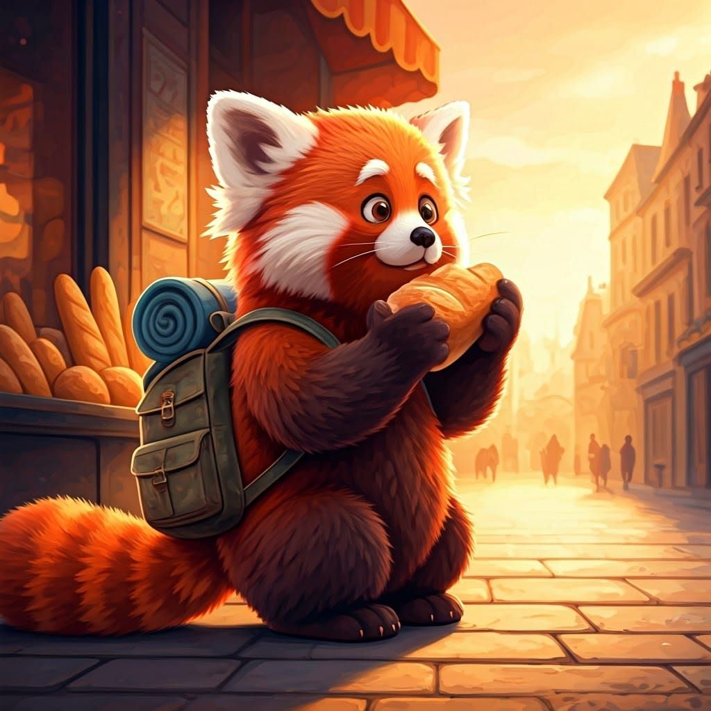 Red Panda's Baguette Break: Gouache Animation Style