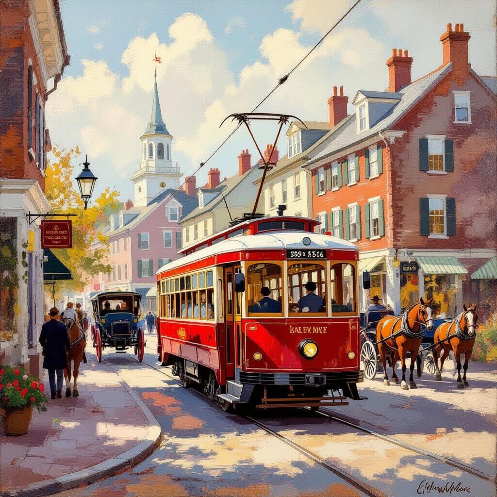 Historic Trolley in Dock Square: An Impressionist Scene