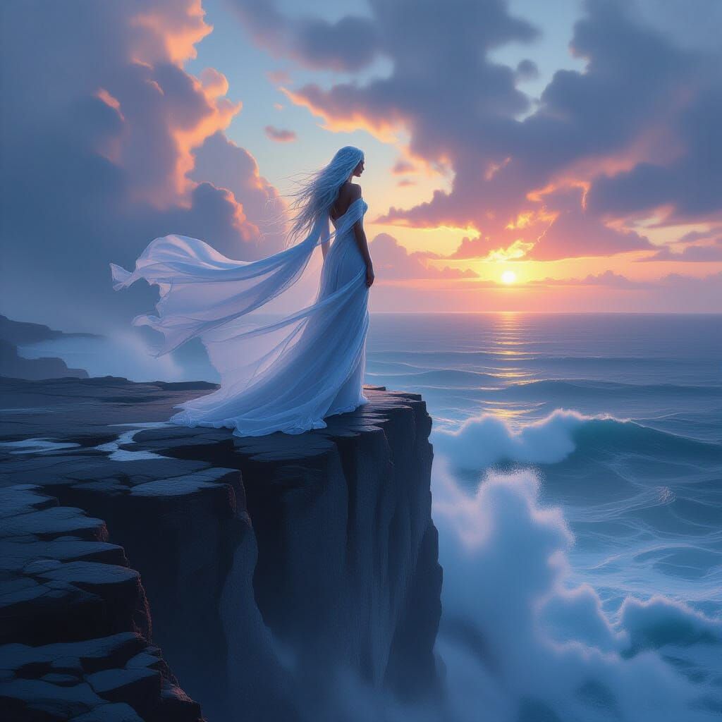 Ethereal Goddess on Cliff Edge at Sunset
