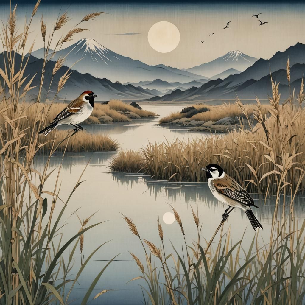 Reed-Buntings Overlooking Lake in Japanese Style