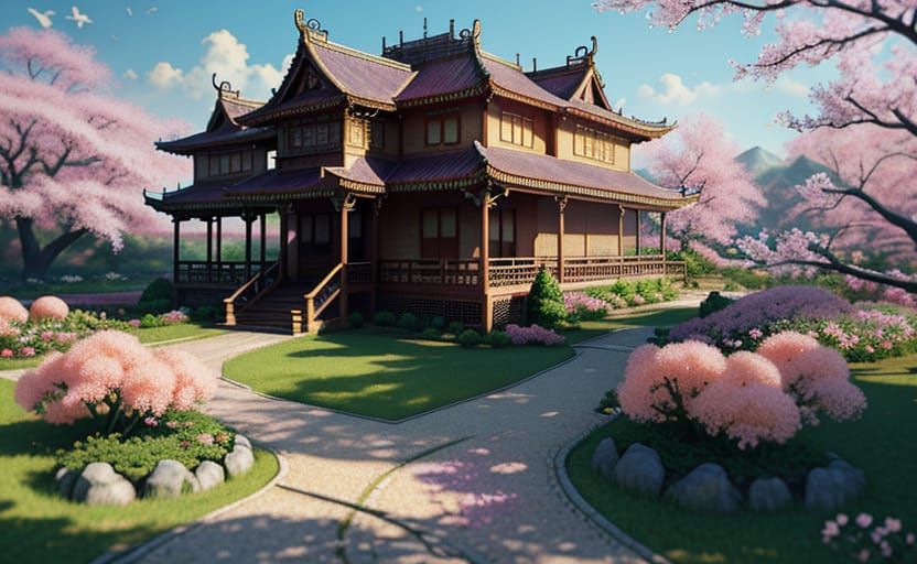 Fantasy Peach Garden in Digital Painting Style