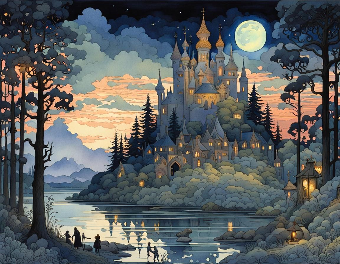 Arthurian Fairytale in Occult Wonderland, Watercolor Art