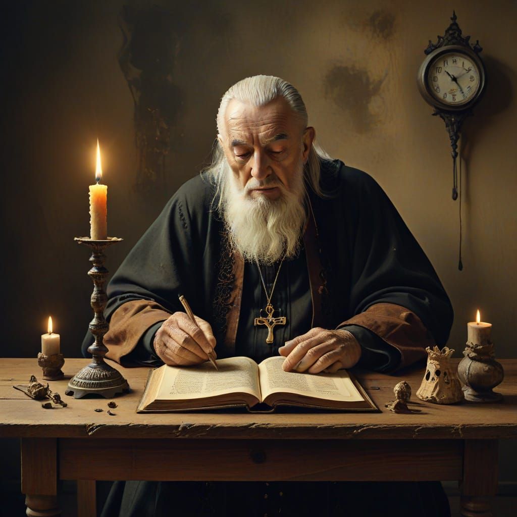 Wise Old Priest Reading in Dreamlike Surrealist Scene