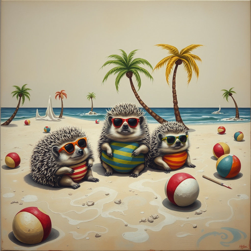 Hedgehogs' Surreal Beach Vacation as Oil Painting