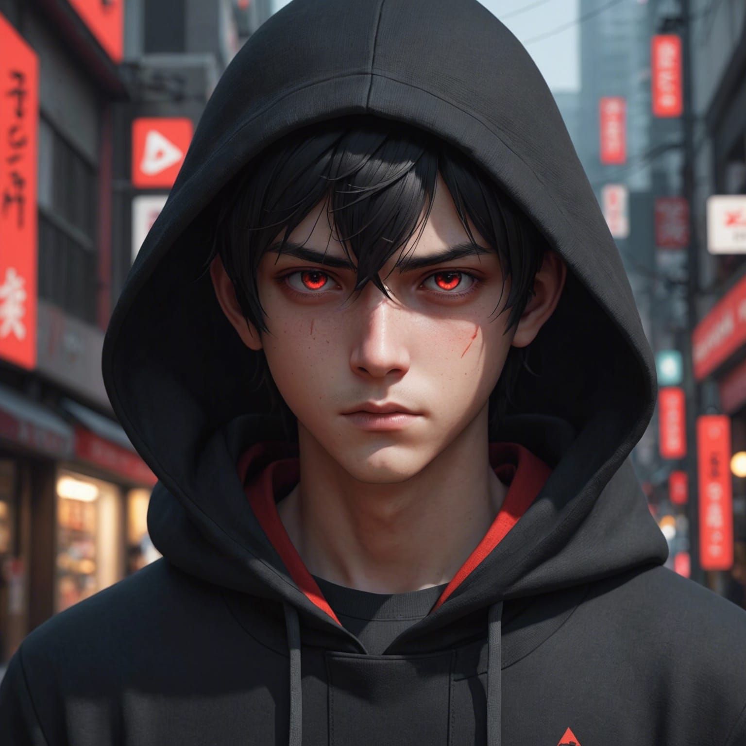 Sad Boy with Red Eyes in Anime Style