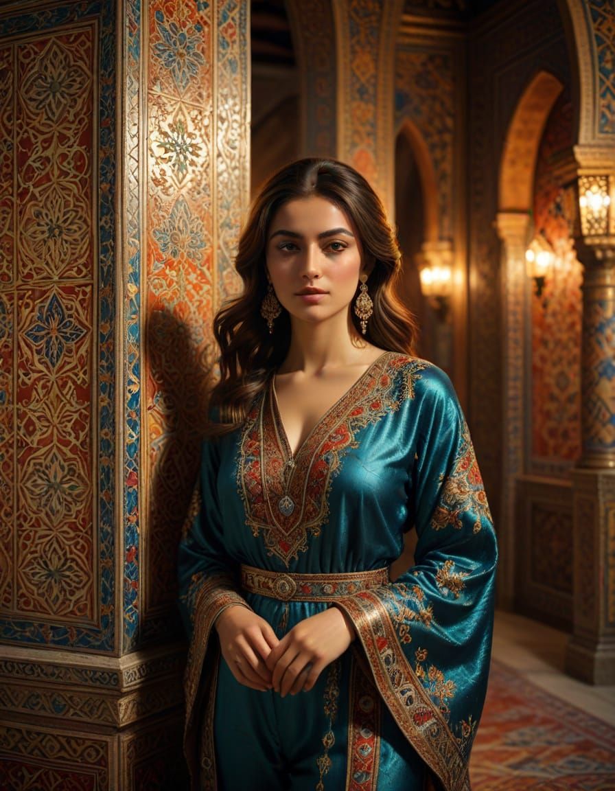Orientalist Portrait of a Turkish Girl in Silk Caftan