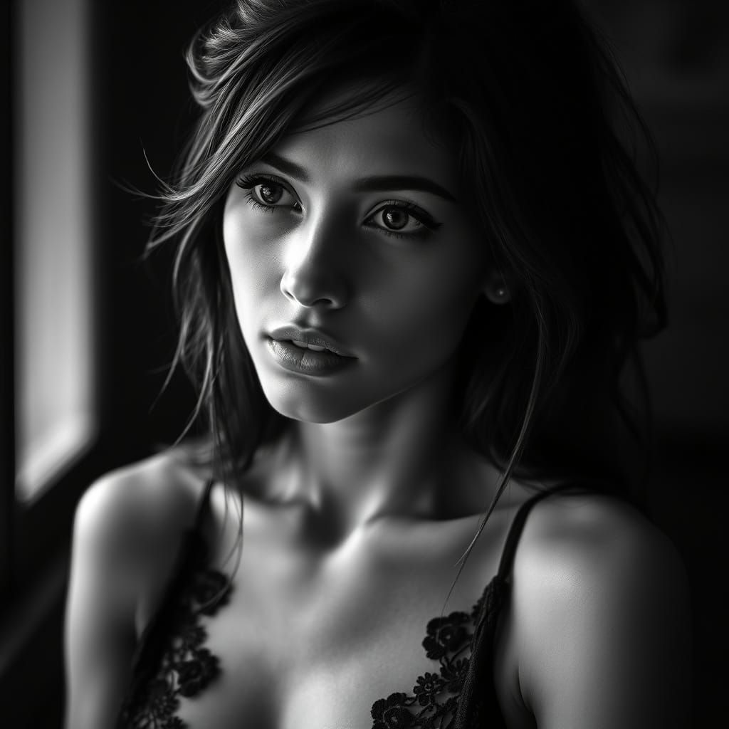 Moody Black-and-White Portrait of a Young Latina Woman