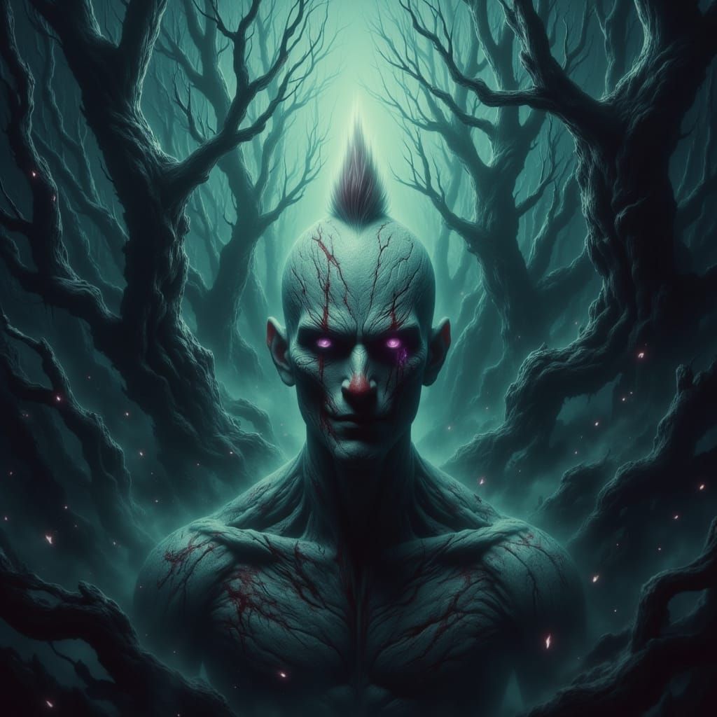 Unsettling Clown in Foggy Forest Dark Surrealist Oil Paintin...