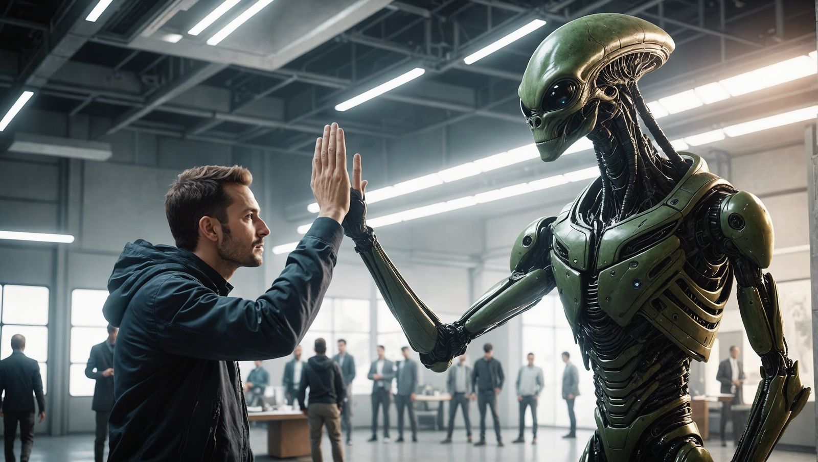 Man and Alien High Five in Academic Style