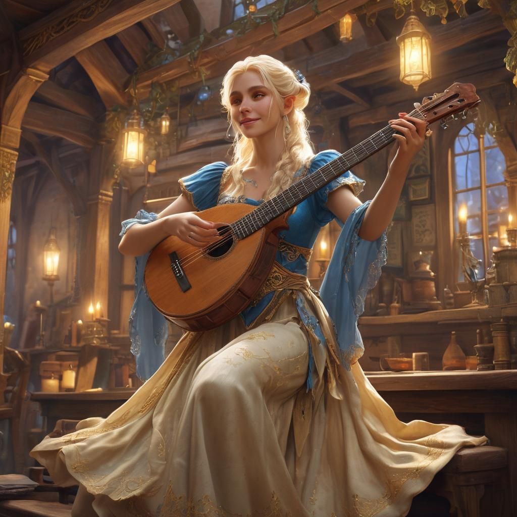 Radiant Half-Elf Bard Performs on Tavern Stage
