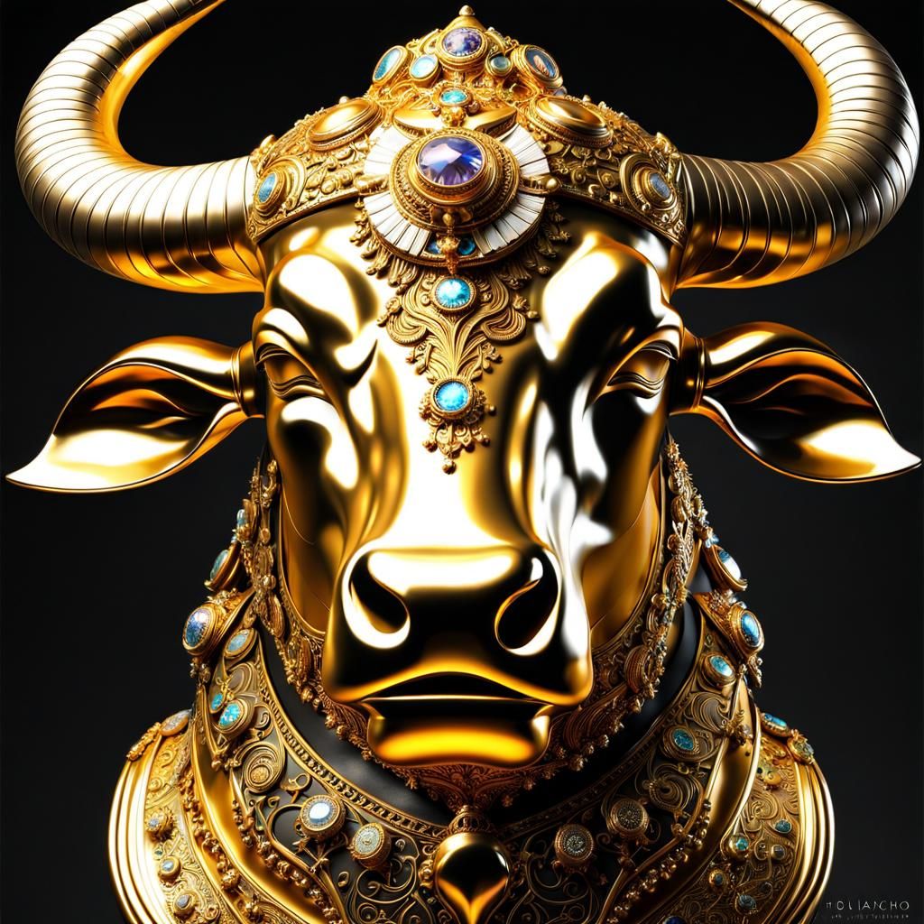 Bejeweled Golden Ankole Bull Statue in Psychedelic Art Style