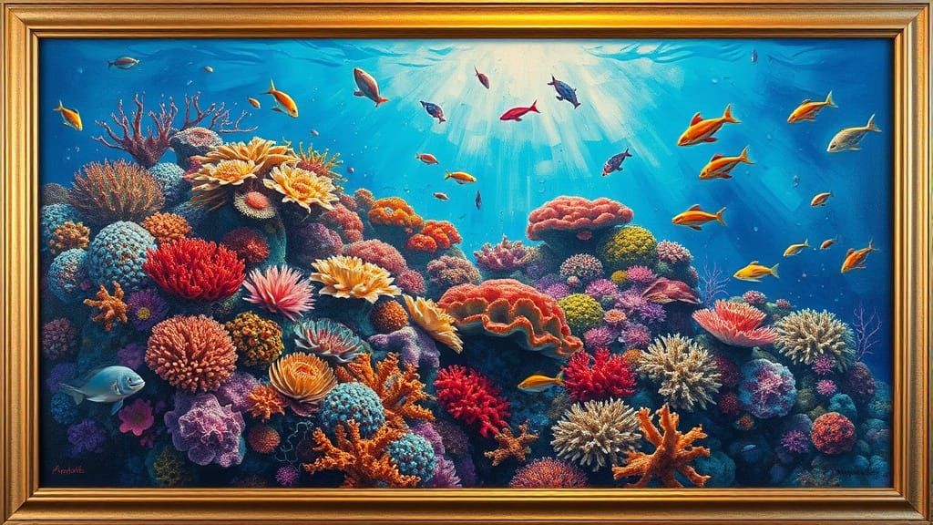Vibrant Coral Reef Impasto Oil Painting