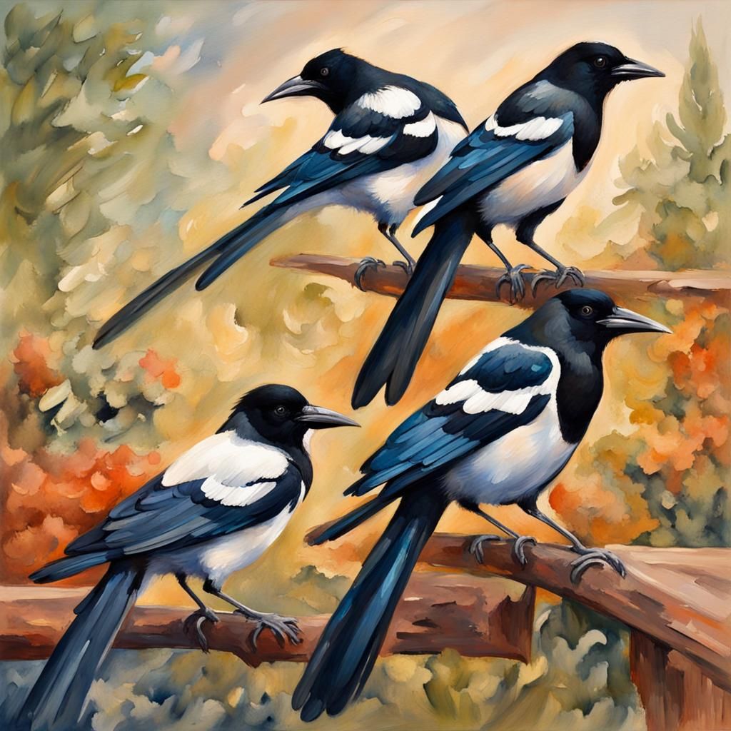 Magpies in Gouache Style Impressionist Painting