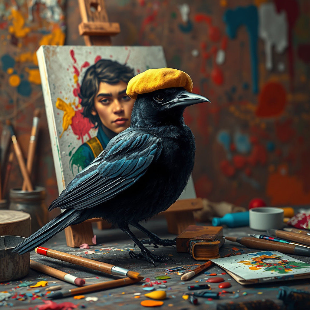 Blackbird Artist Painting a Self-Portrait