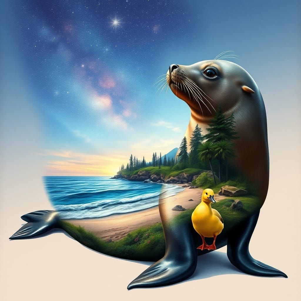 Surreal Sea Lion Landscape Dreamscape in Patchwork Aquarelle