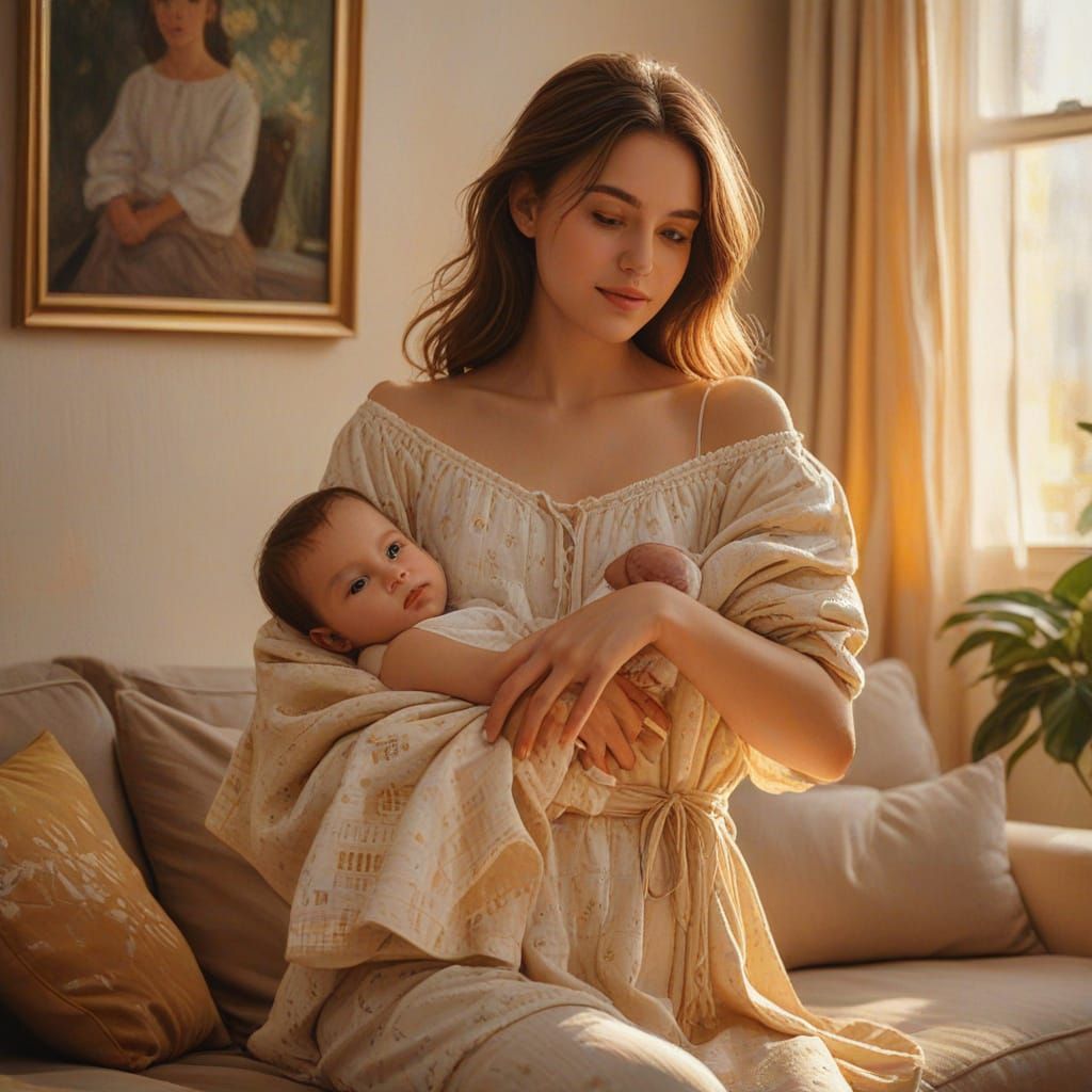 Impressionist Oil Painting of a Young Mother and Baby