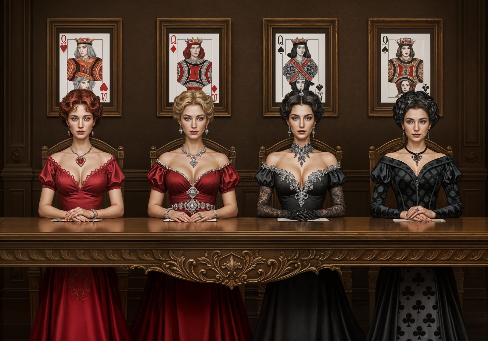 Queens of the Suits Gathered at Ornate Table