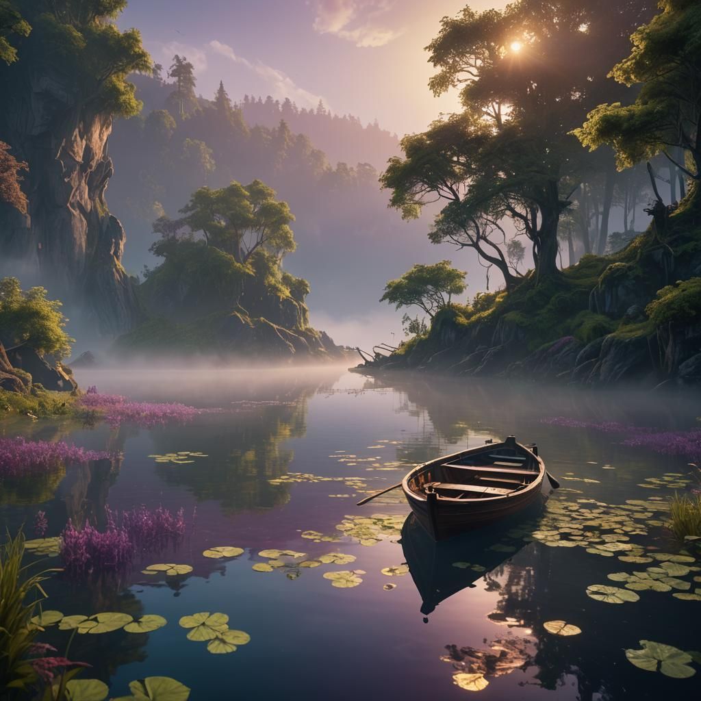 Misty Lake Boat in Fantasy Concept Art Style