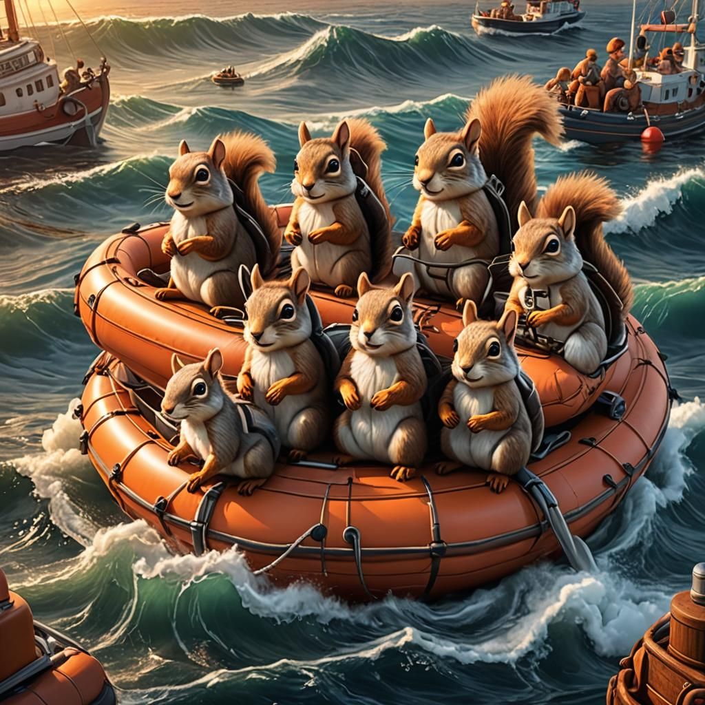 Cartoon Squirrels' Sunset Boat Trip