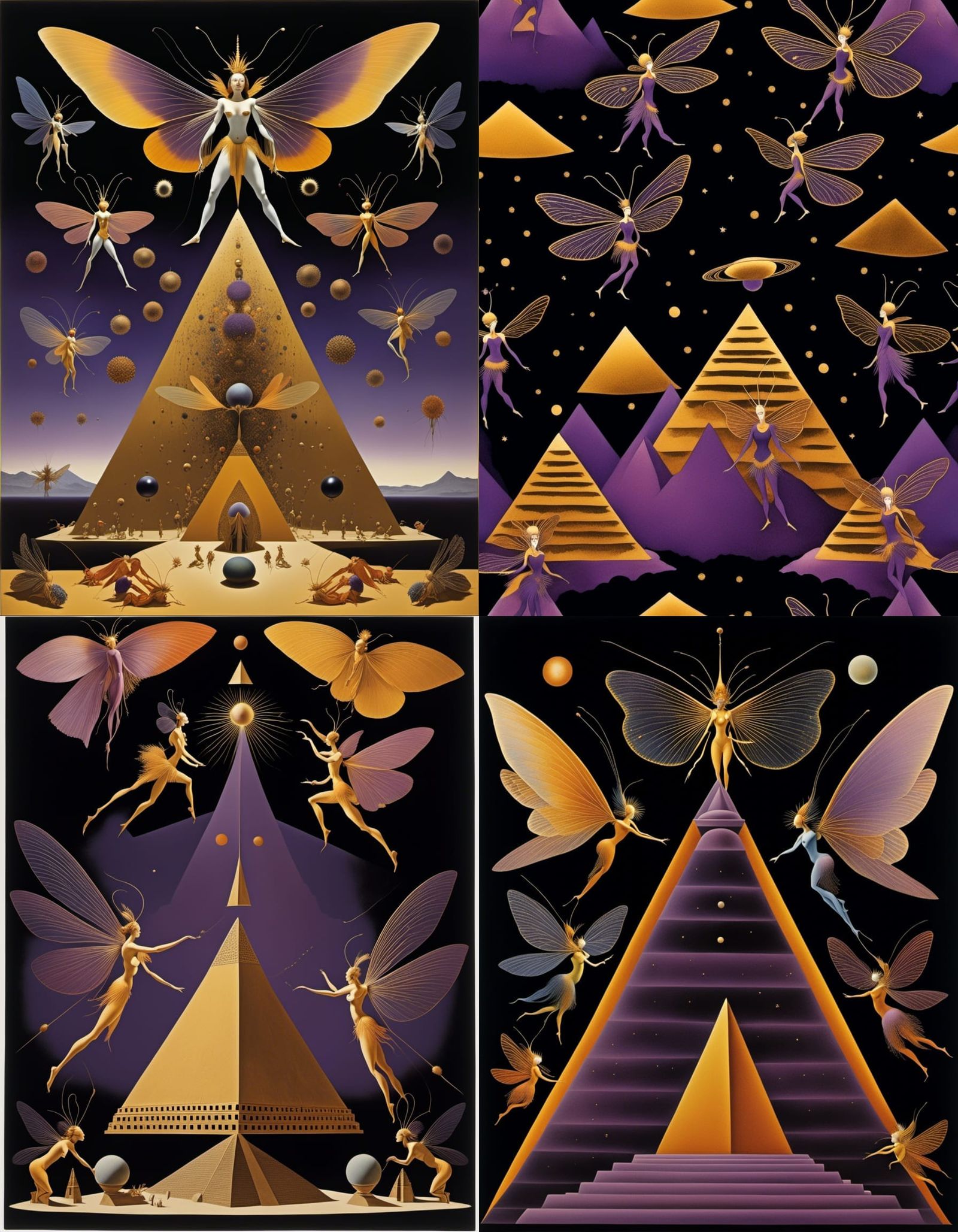 <lora:Fairybell 2:1.0> Spaceship, hovering over pyramid, the predator, and Sphinx, standing above the bowing Egyptians, ...