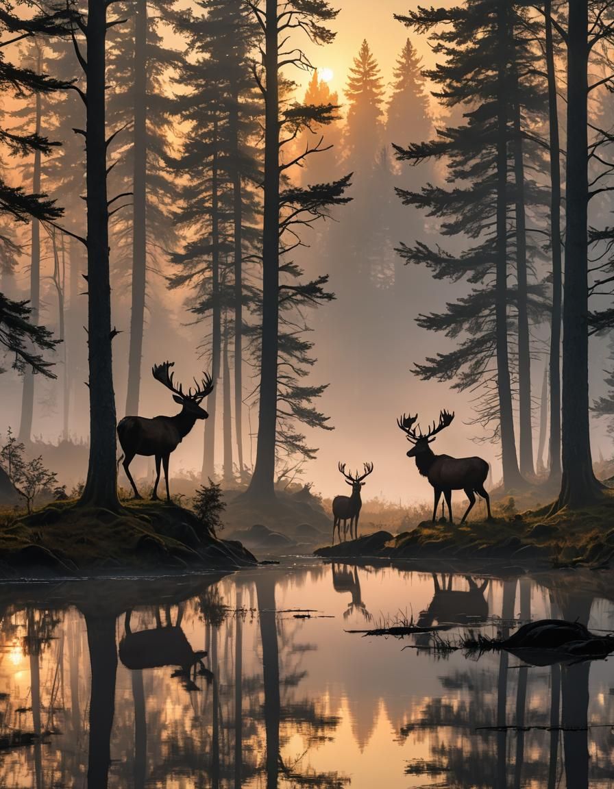 Misty Forest Clearing with Deer Silhouettes