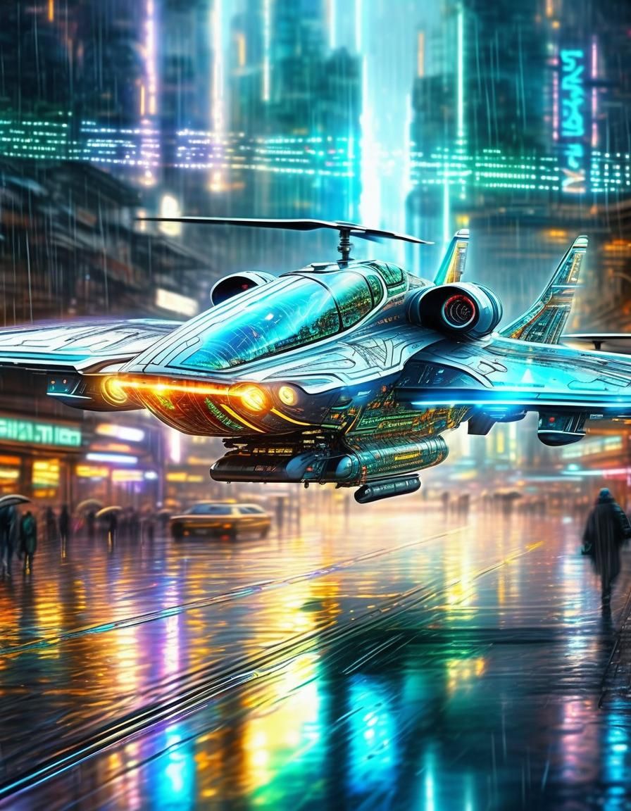 Futuristic Aircraft Flies Through Cyberpunk Cityscape