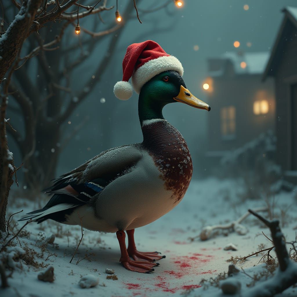 Duck in Santa Hat in Creepy Christmas Village