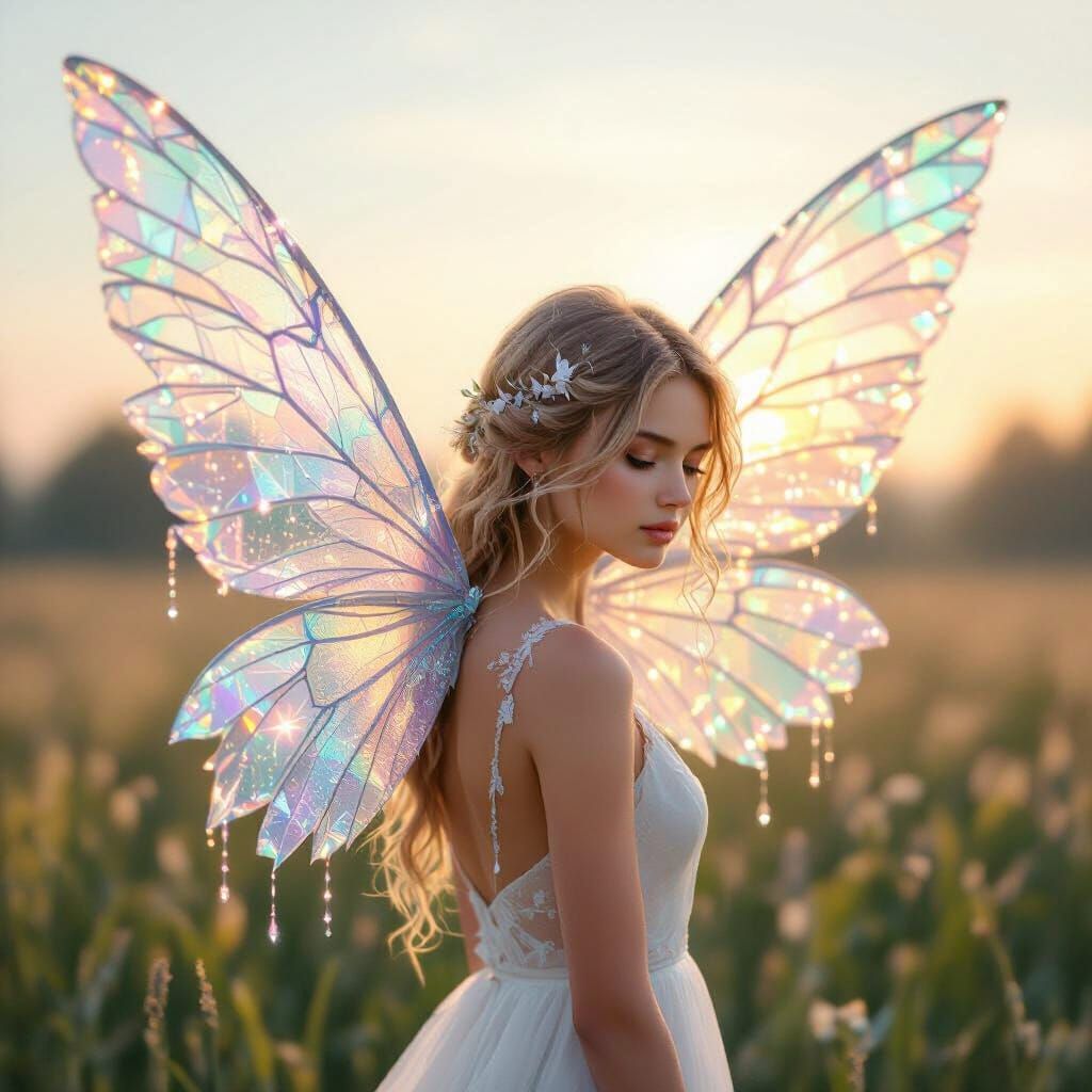 Ethereal Woman With Dew & Crystal Wings at Dawn