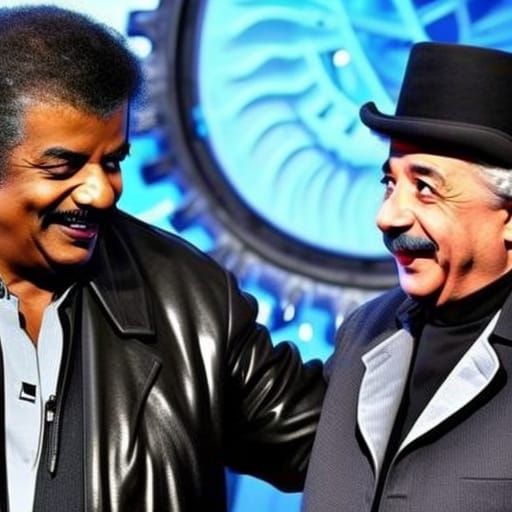 Tyson and Einstein Shake Hands in Steampunk Style