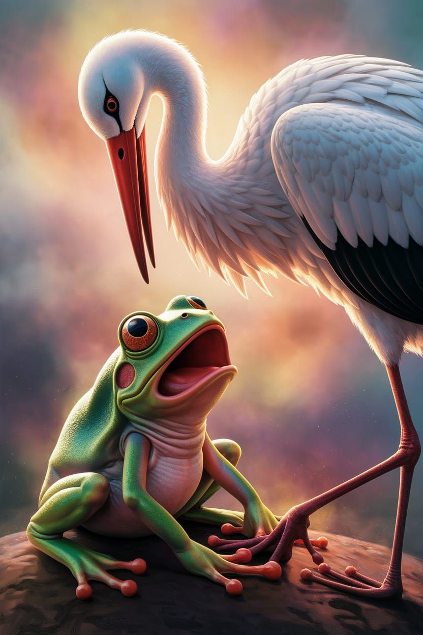 Surprised Frog and Towering Stork Oil Painting