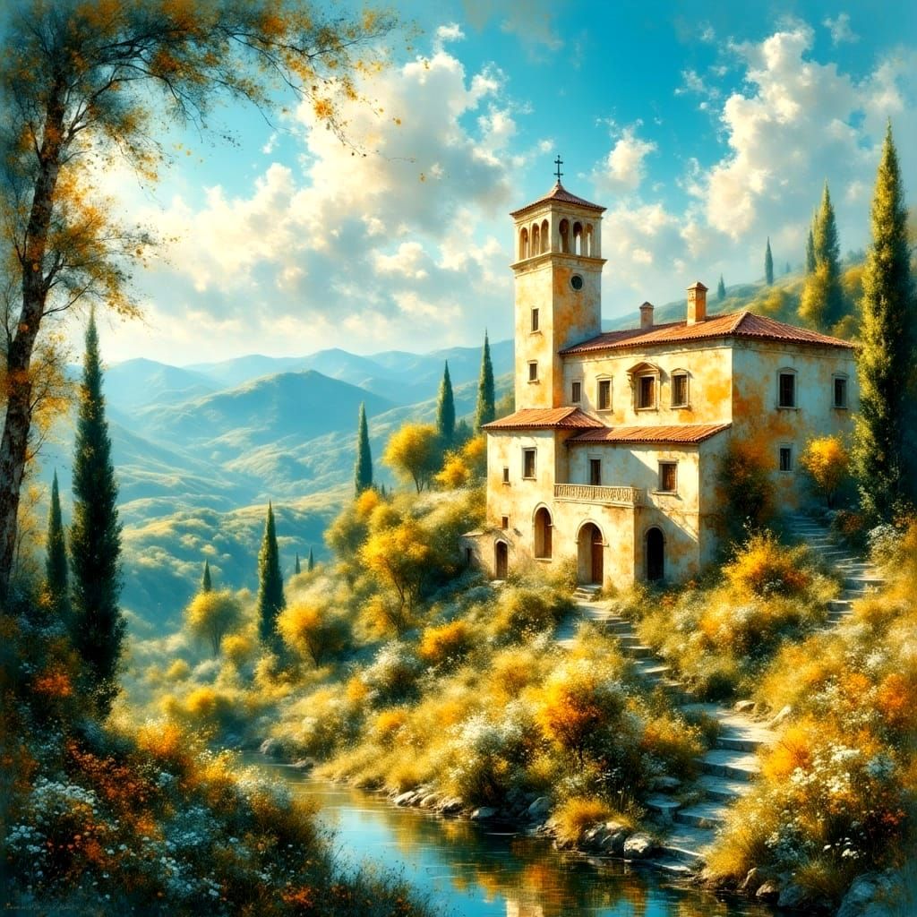 Mediterranean Tower House with Floral Blooms and Ethereal Cl...