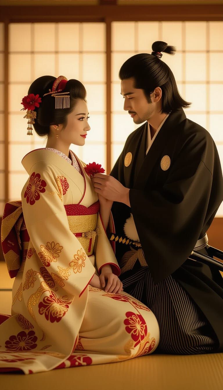 Romantic Japanese Couple in Kimono, Cinematic Style