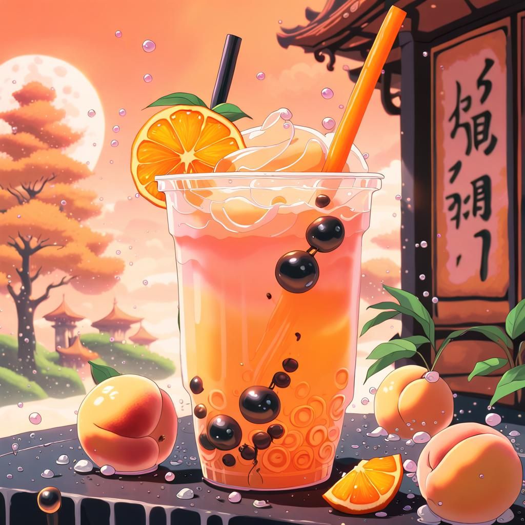 Studio Ghibli Peach Bubble Tea Anime Illustration