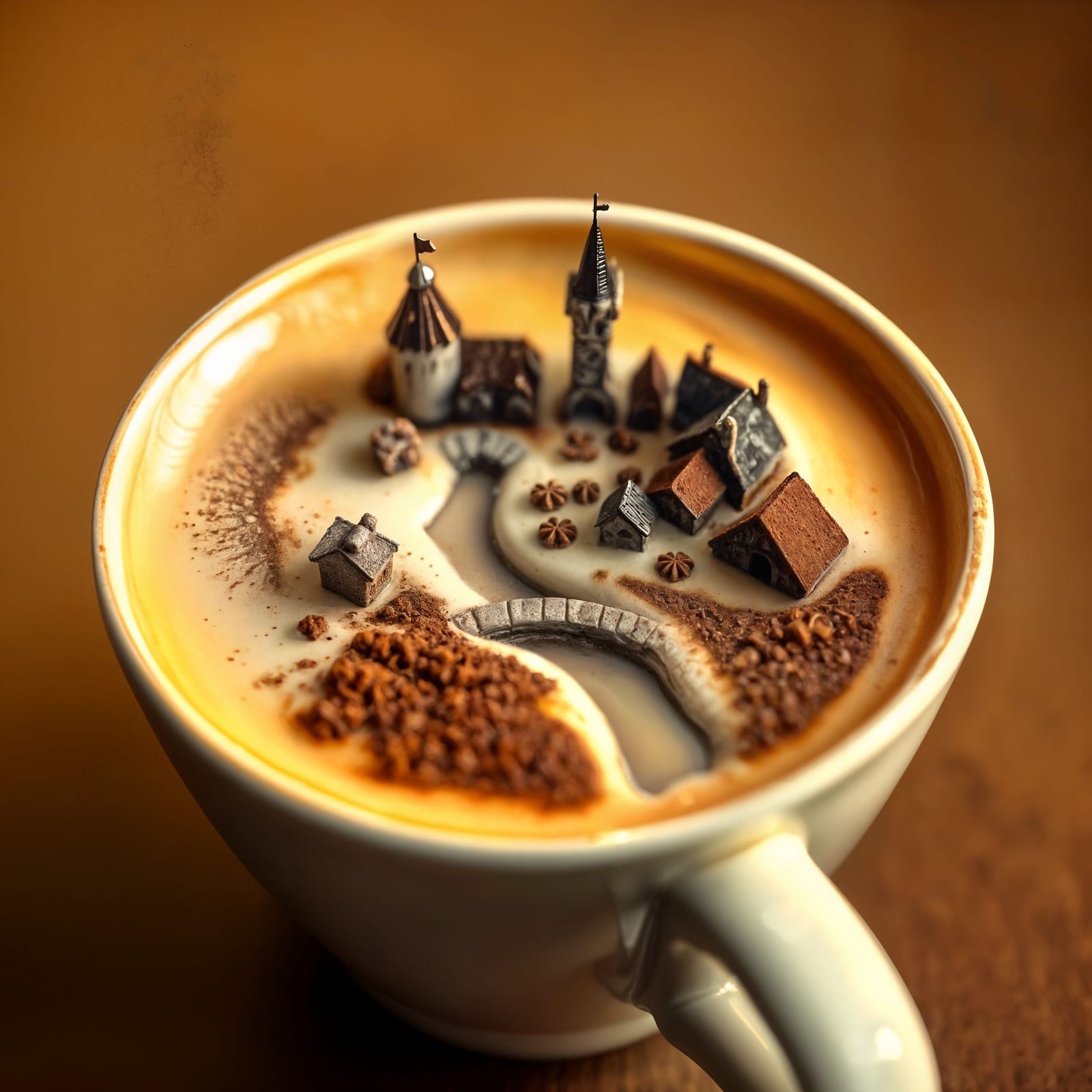 Cappuccino Art: Medieval Village on Coffee Foam