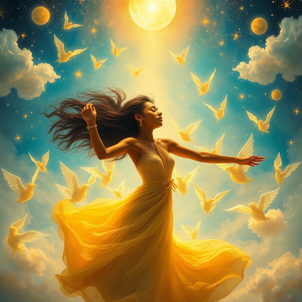 Golden Goddess Dancing with Celestial Spirits