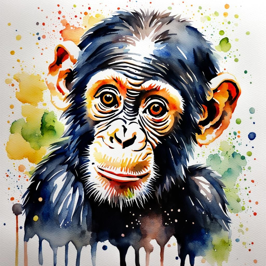 Watercolor Baby Chimp Art