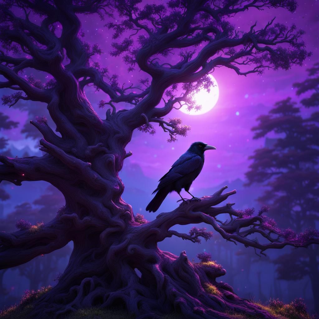 view of a crow on top of a tree, epic fantasy style, purple ...