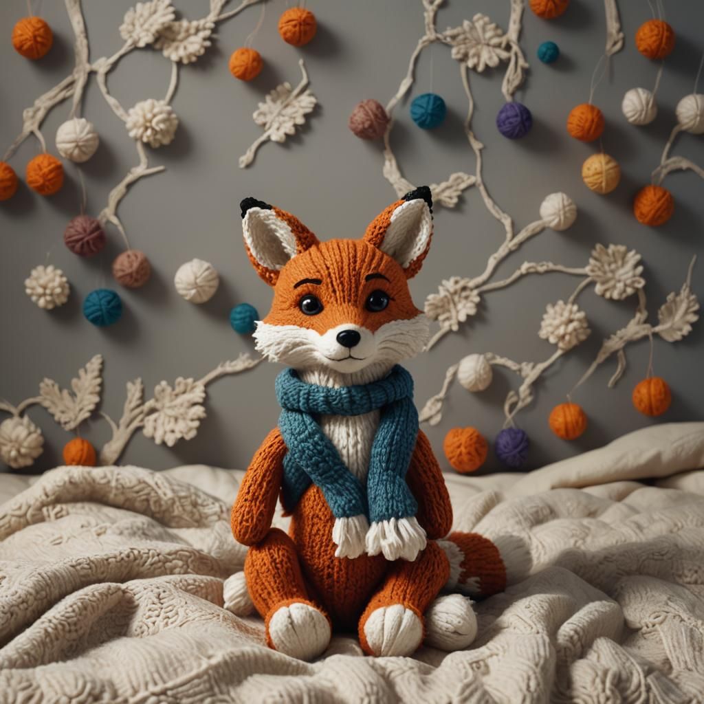 Knitted Toy Fox Art, Detailed Matte Painting