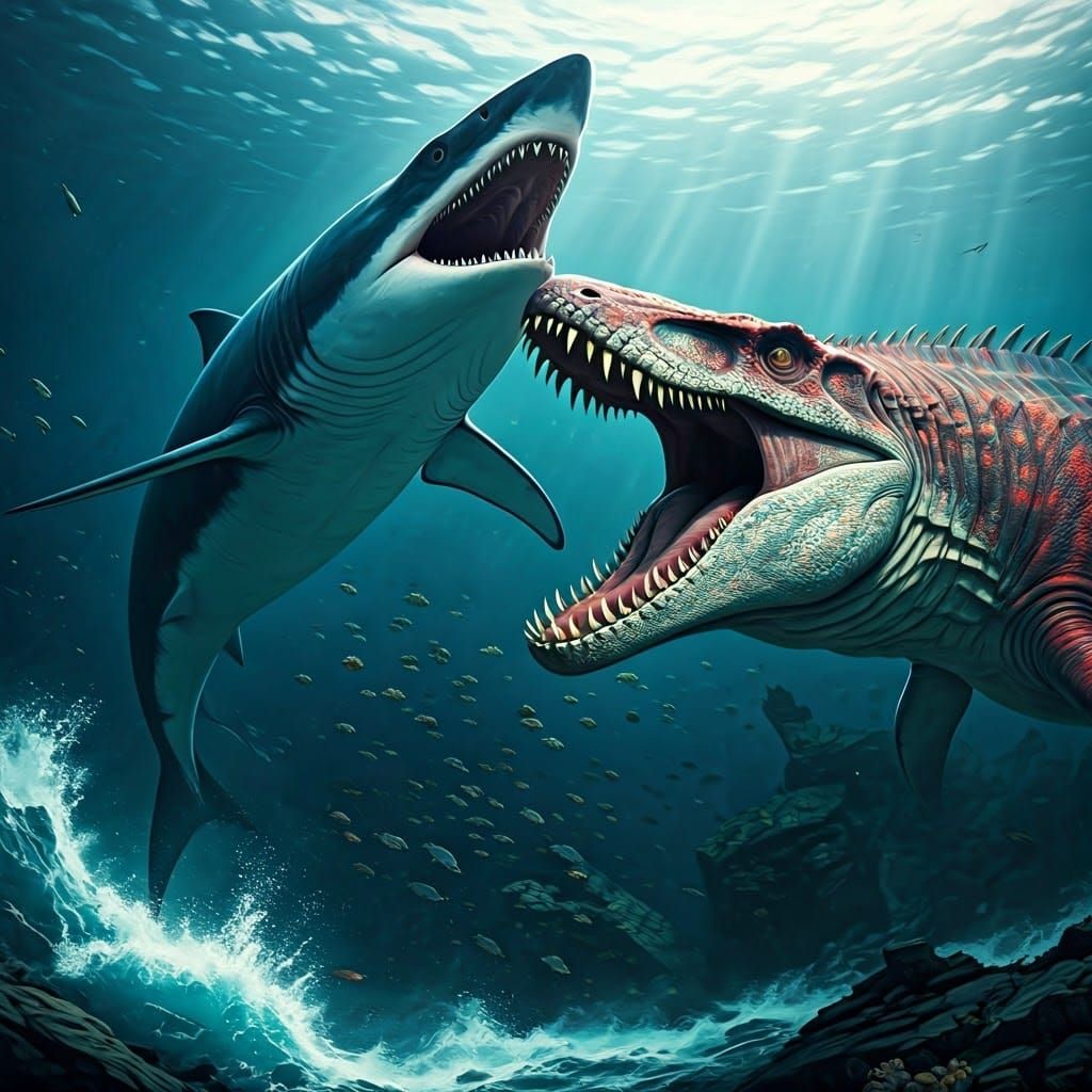 Mosasaurus vs Megalodon in a Dark Fantasy Scene